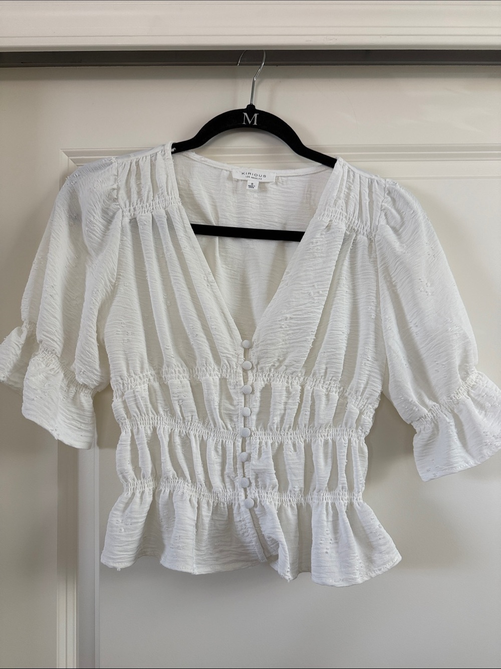Button-Front White Smocked Peasant Blouse